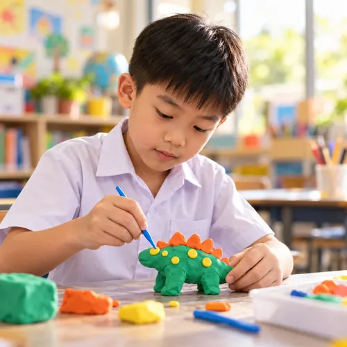 A boy in school uniform adding detail to a green clay dinosaur with a tool