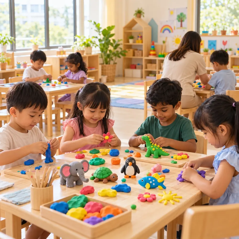 A bright kindergarten classroom where children are making clay models at wooden tables