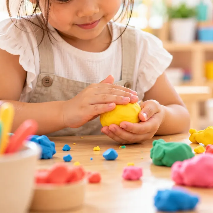 A child's hands pressing a ball of yellow clay on a wooden table