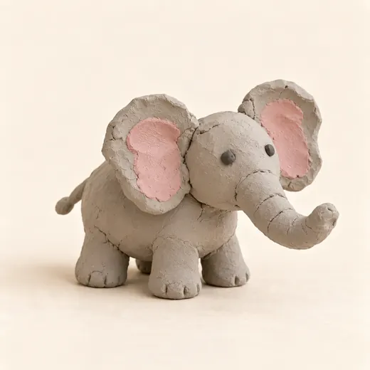 A clay elephant with shaped ears and pink inner-ear detail
