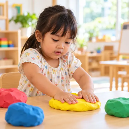 A four-year-old pressing a large ball of yellow clay flat with both hands