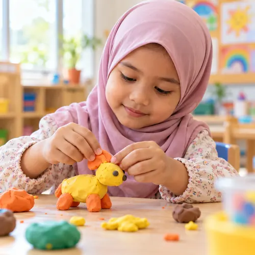 A girl in a pink tudung joining coloured clay shapes into an animal