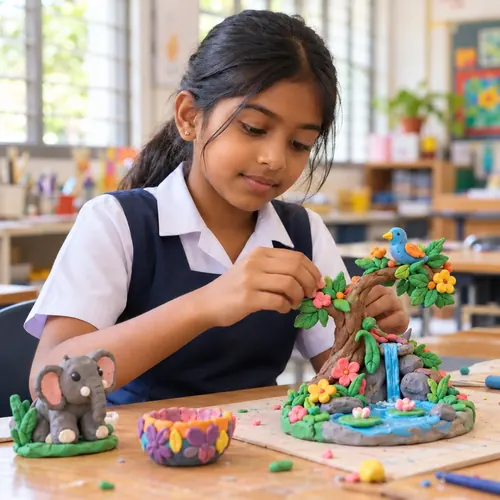 A girl in school uniform building a detailed clay scene with a tree and waterfall