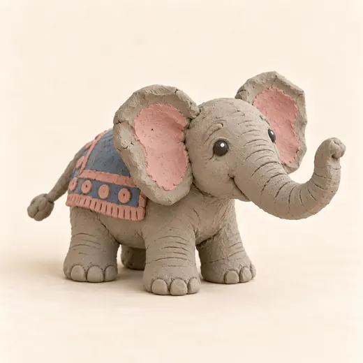 A more detailed clay elephant with textured skin and a patterned blanket