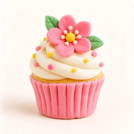 A pink cupcake decorated with a moulded sugar-paste flower
