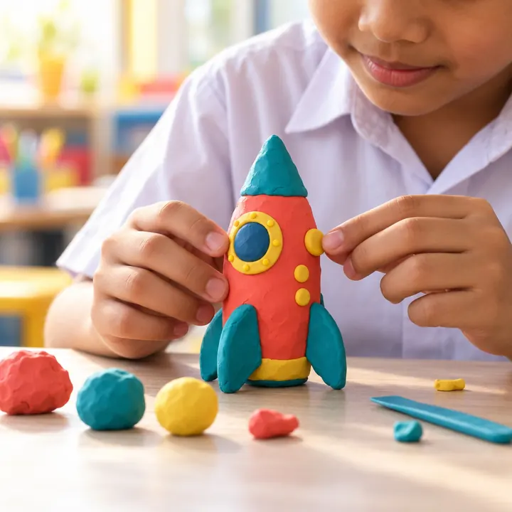 A primary school boy adding small yellow details to a clay rocket he is making