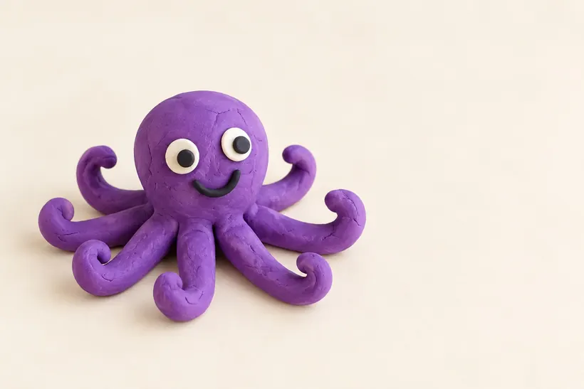 A purple clay octopus with eight curling arms, made by a child