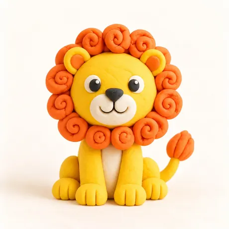 A yellow and orange clay lion with a curled mane, made by a child