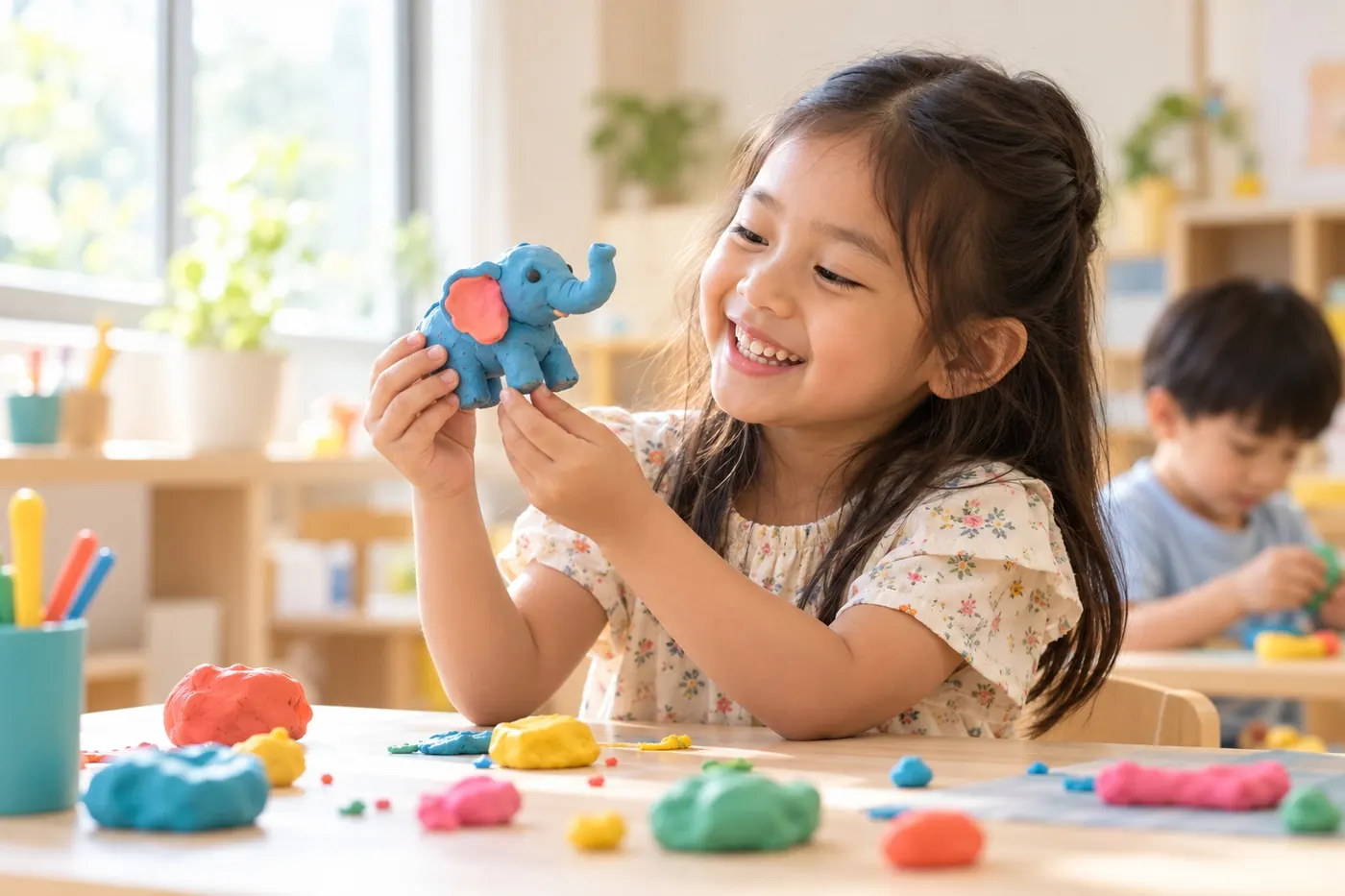 A young girl smiling as she holds up a blue clay elephant she made in class