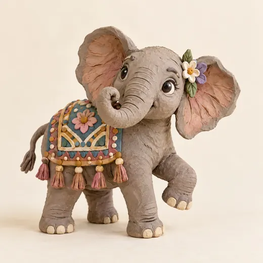 An advanced clay elephant with a decorated blanket, tassels and flowers