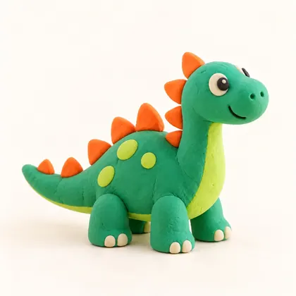 A green clay dinosaur with orange spikes, made by a child