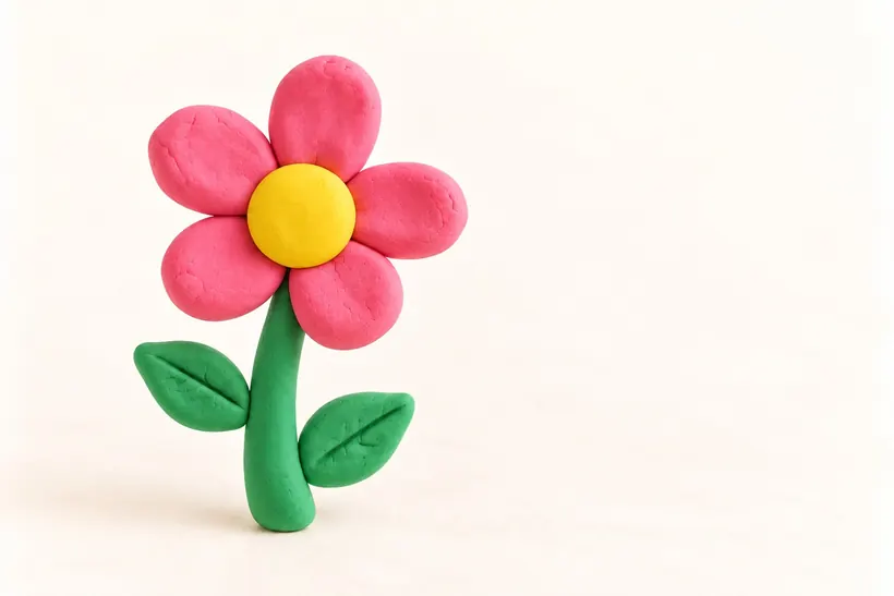 A pink clay flower with a yellow centre and green leaves, made by a child