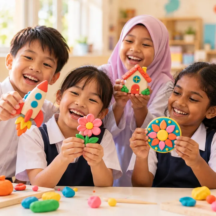 Four primary school children holding up the clay rocket, flower, house and patterned disc they made