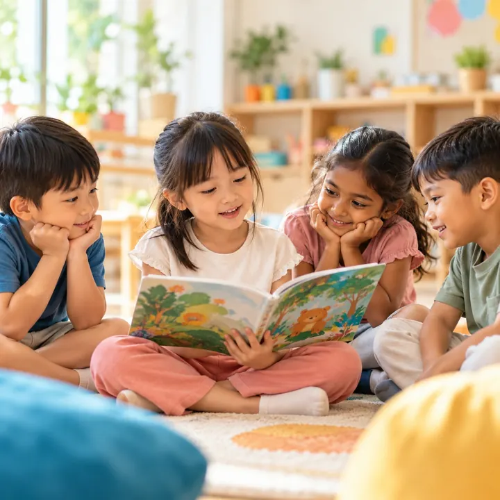 Four young children sitting on the floor listening to a picture book