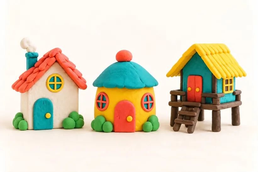 Three clay houses in different styles, including one on stilts, made by children