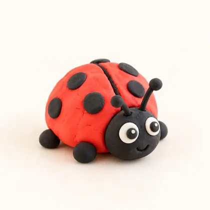A red clay ladybird with black spots, made by a child