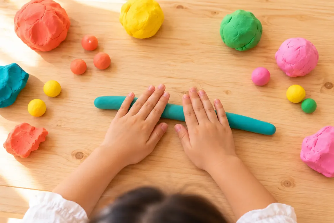 Overhead view of a child's hands rolling a coil of teal clay surrounded by coloured clay balls