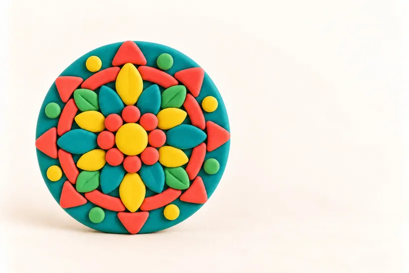 A round clay disc decorated with a symmetrical geometric pattern
