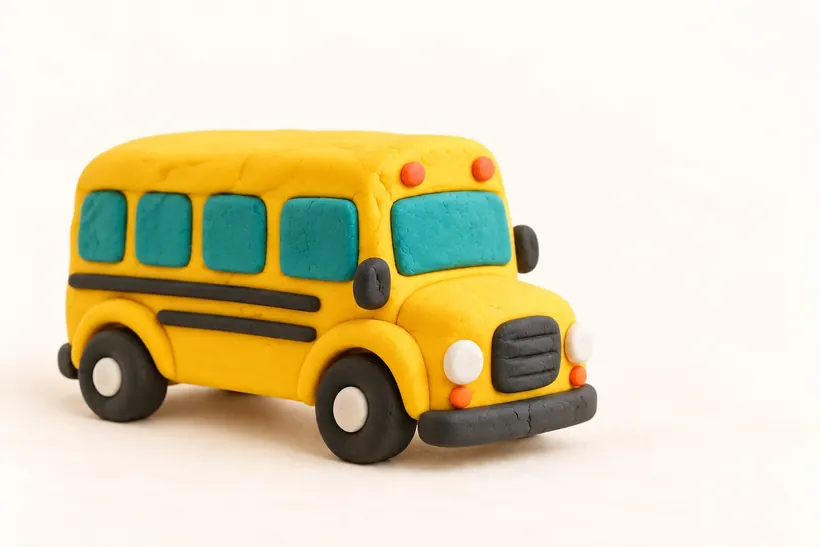 A yellow clay school bus with teal windows, made by a child