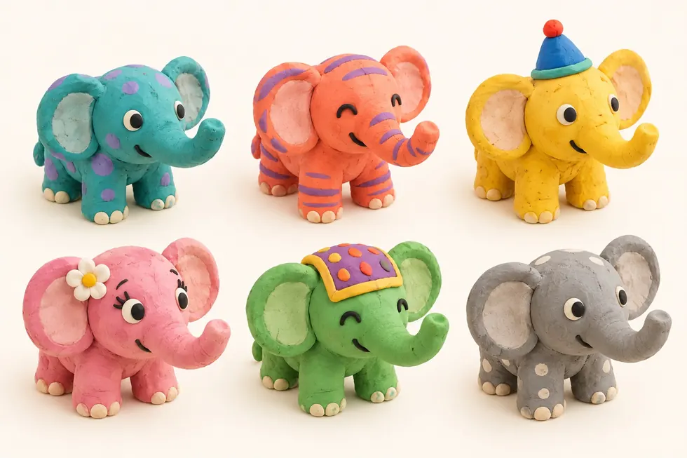 Six clay elephants of the same shape, each finished in different colours and details