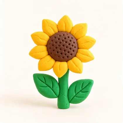 A yellow clay sunflower with green leaves, made by a child